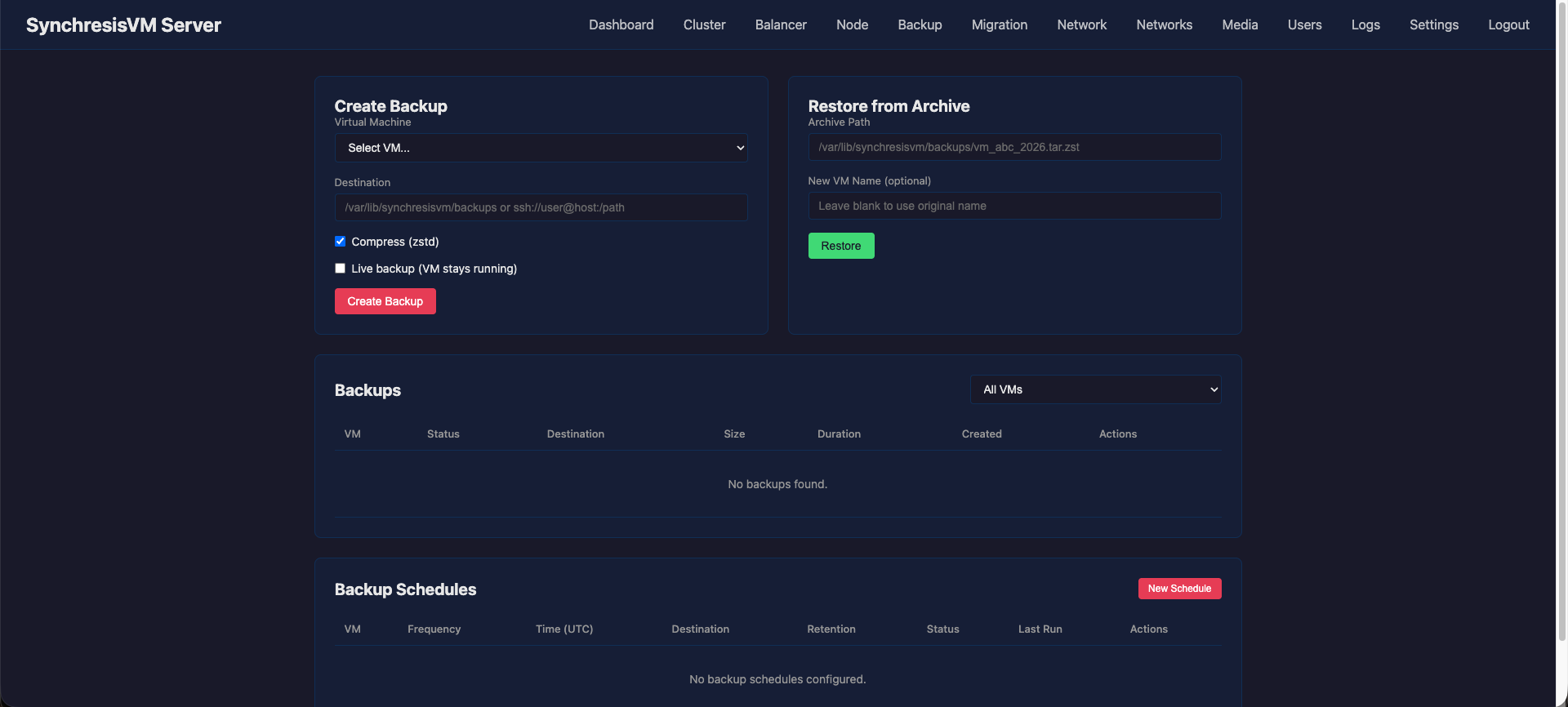 Backup — Live or cold backups, compressed, on a schedule or on demand.