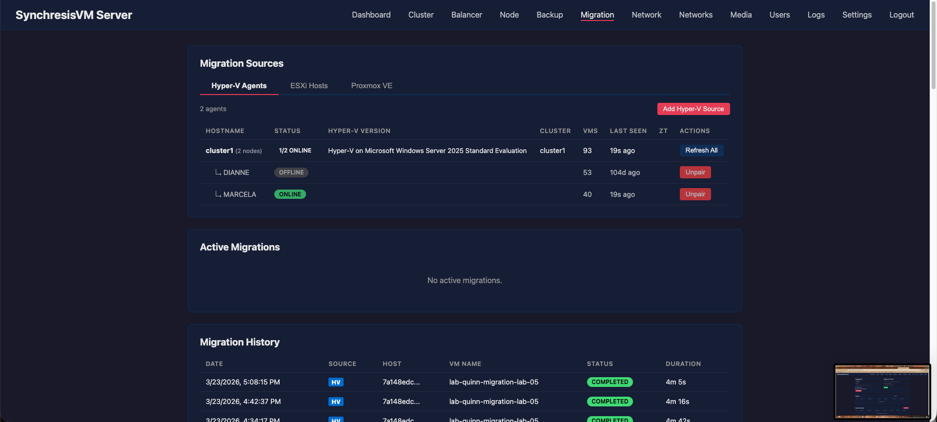 Migration — Imports running guests from Hyper-V, ESXi and Proxmox.