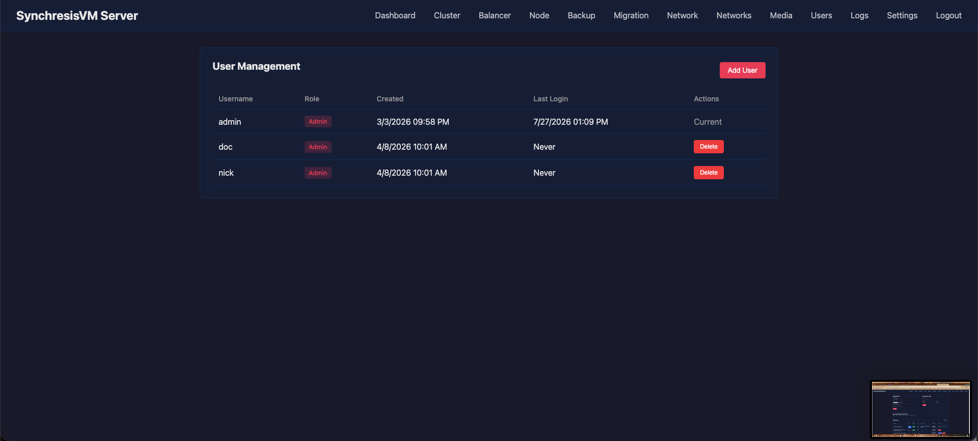 Users — Local accounts and roles.