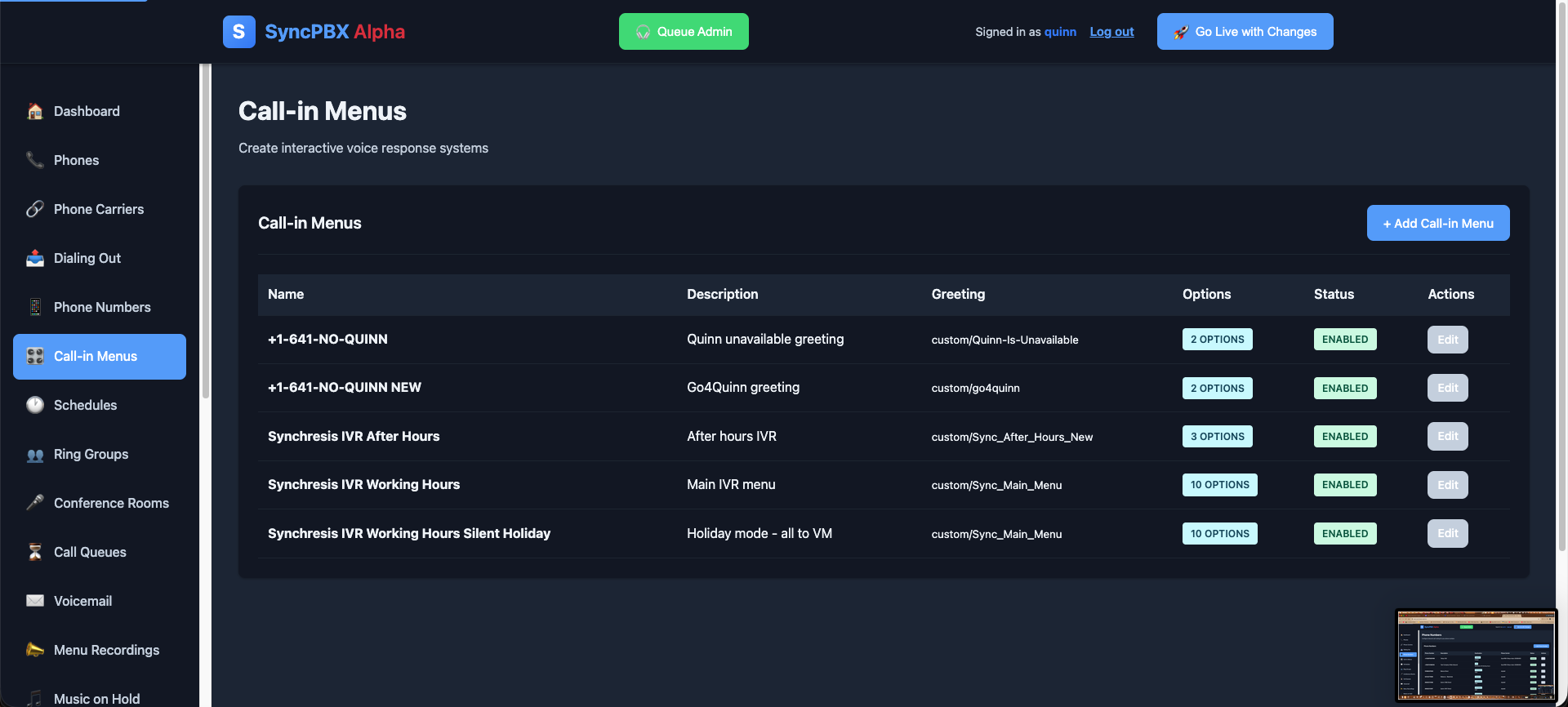 Call-in menus — IVR trees with recorded greetings, and separate working-hours and after-hours flows.