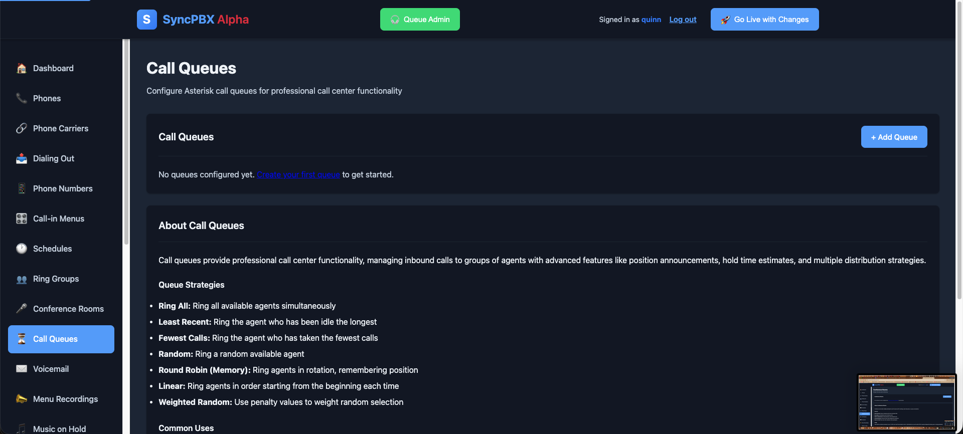 Call queues — Queues with agents, hold music and overflow handling.