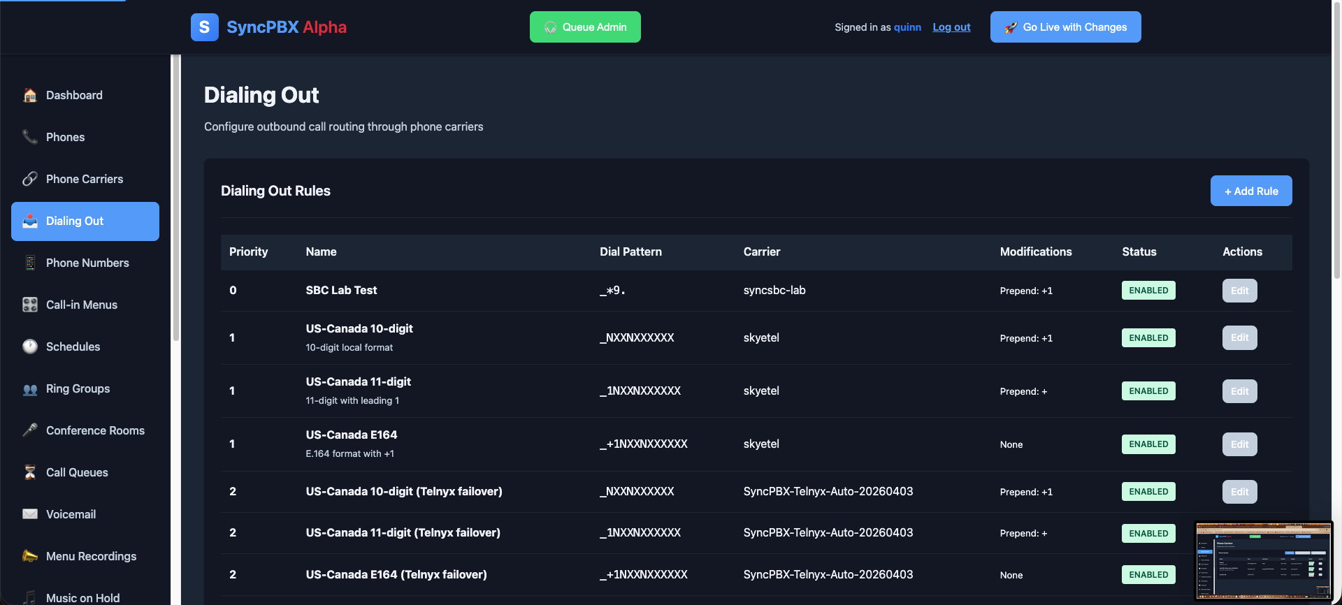 Dialing out — Prioritised outbound rules with dial patterns and automatic carrier failover.