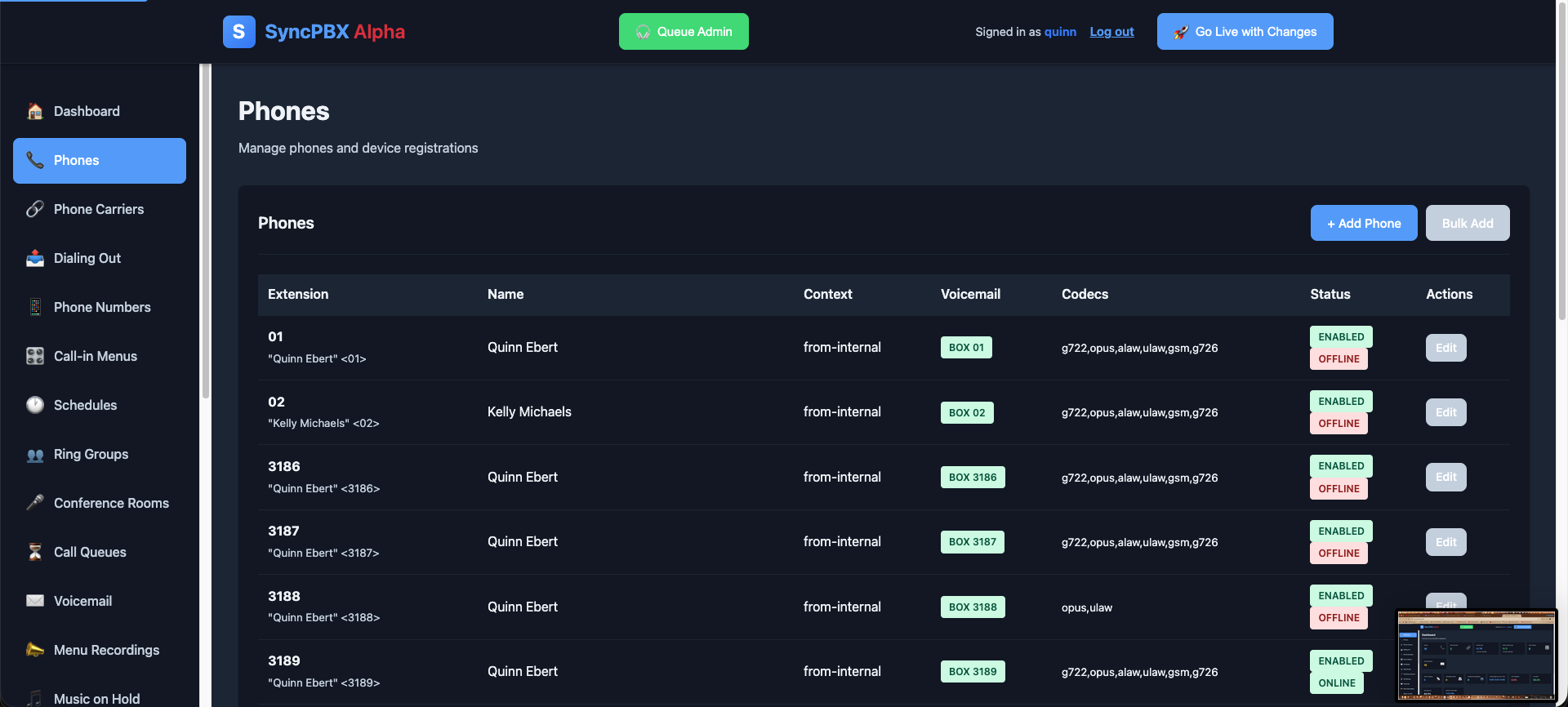 Phones — Extensions, voicemail boxes and codec settings for every device.