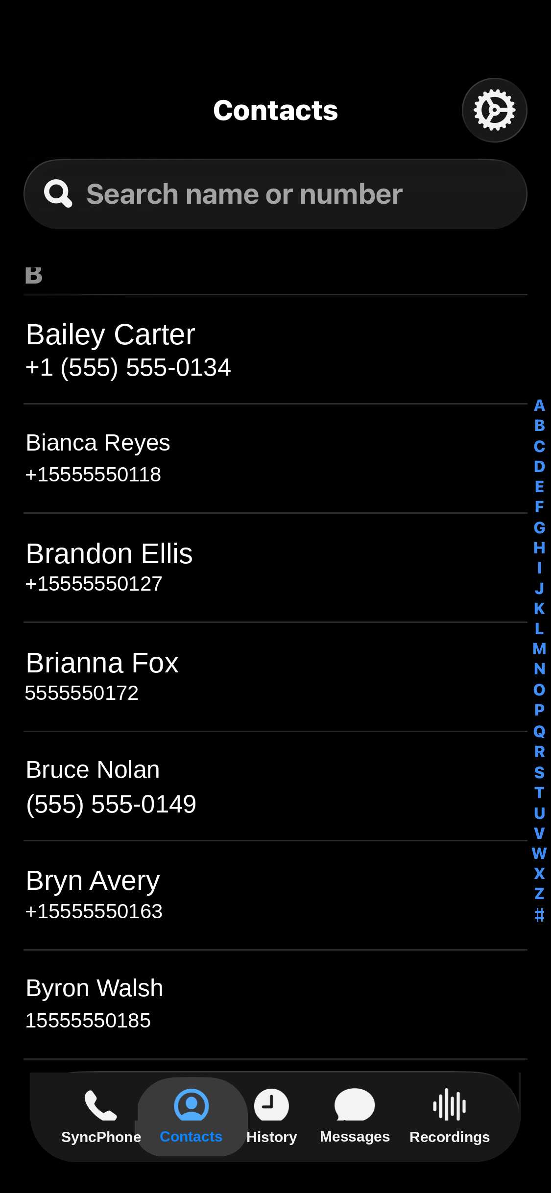 Contacts — Contacts searchable by name or number.