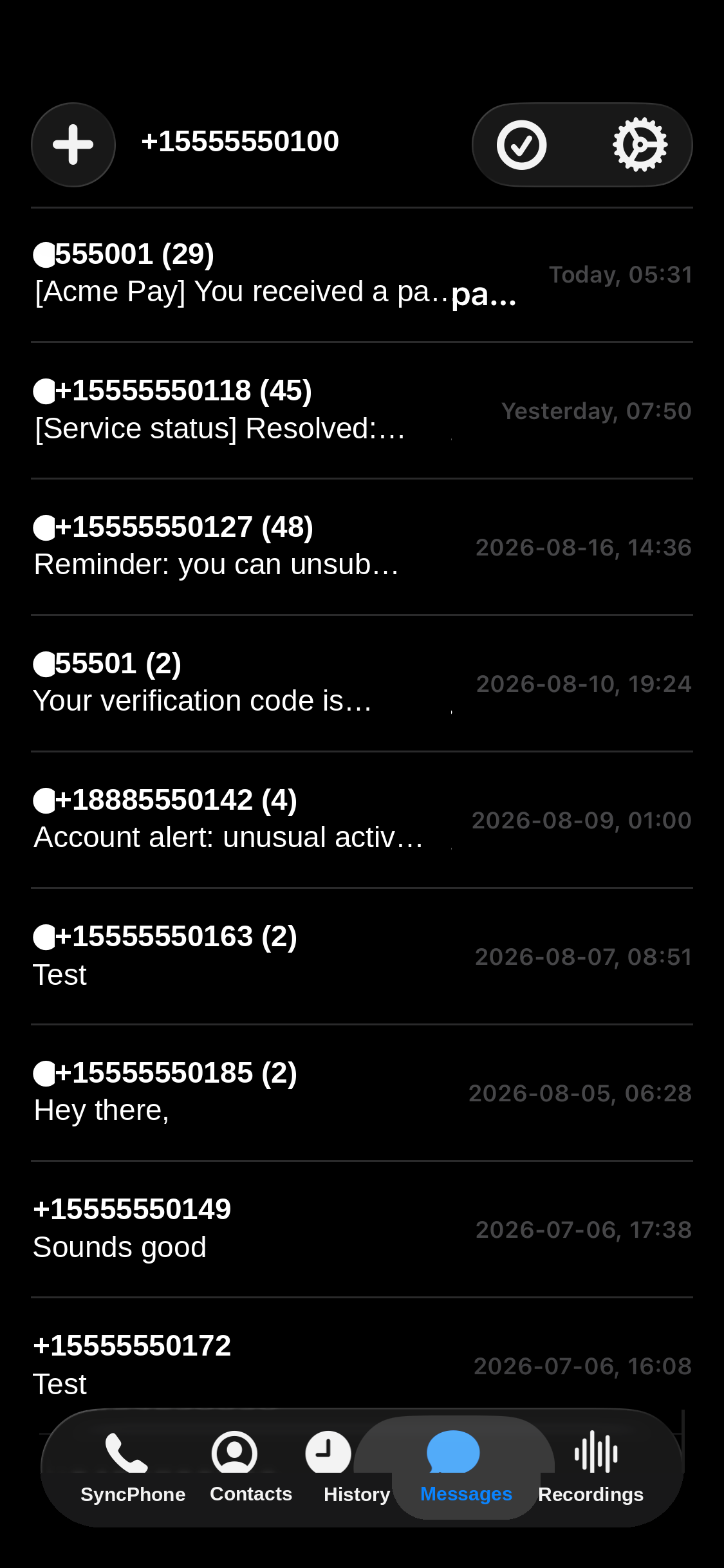 Messages — Text conversations beside your calls, with unread counts.